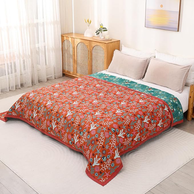 Boho Throw Blanket, 100% Organic Cotton Skin-Friendly Breathable Ultra Soft Bed Quilt Throw - All Season Blue & Red FishFarmhouse Decor Blanket for Sofa Couch Chair and Gift. 60