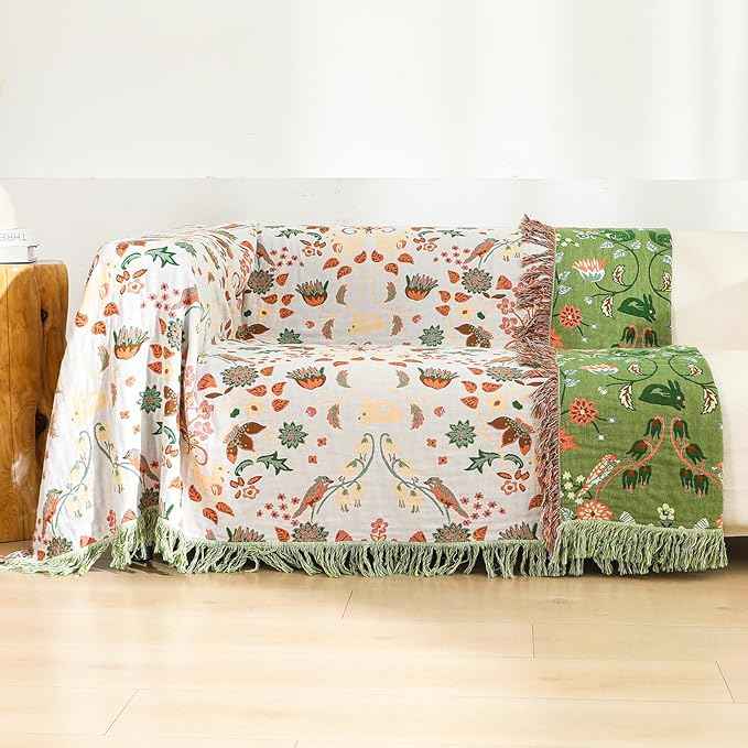 Boho Throw Blanket 80"x90", 100% Cotton Ultra Soft Luxury Throw for Couch and Sofa Blankets Home Decor, All Season Florals and Animals Throw Reversible Breathable Cozy Blankets