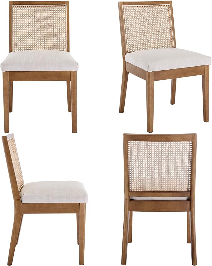 VESCASA Upholstered Dining Chairs with Square Rattan Back, Armless Padded Linen Cushion Dining Chairs with Wood Legs for Dining Room, Kitchen, Set of 4, Natural Frame