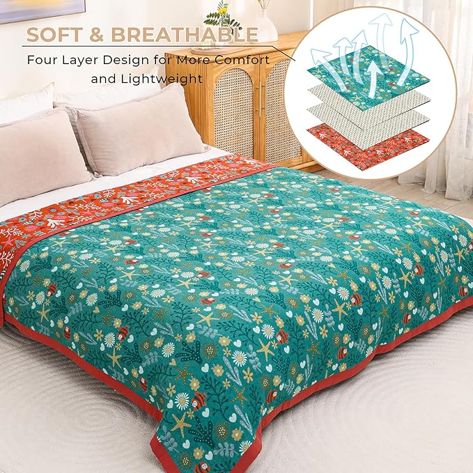 Boho Throw Blanket, 100% Organic Cotton Skin-Friendly Breathable Ultra Soft Bed Quilt Throw - All Season Blue & Red FishFarmhouse Decor Blanket for Sofa Couch Chair and Gift. 60