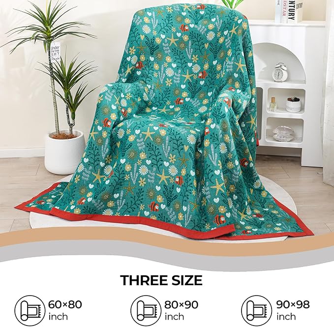 Boho Throw Blanket, 100% Organic Cotton Skin-Friendly Breathable Ultra Soft Bed Quilt Throw - All Season Blue & Red FishFarmhouse Decor Blanket for Sofa Couch Chair and Gift. 60