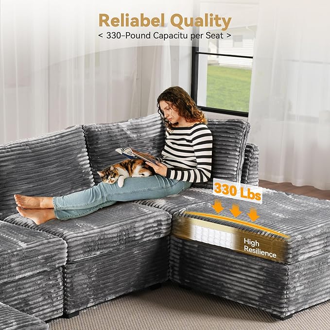 Modular Sectional Sofa with Chaise, U-Shaped 7-Seater Cloud Couch for Living Room, Plush Corduroy Fabric, Includes Movable Ottoman, Beige