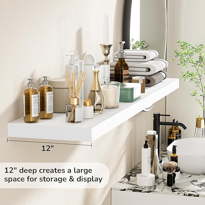 Fun Memories Floating Shelves - 12 Inch Rustic Wooden Wall Shelves - Extra Deeper & Thicker Wall Mounted Storage Shelf for Living Room, Kitchen, Farmhouse - 55