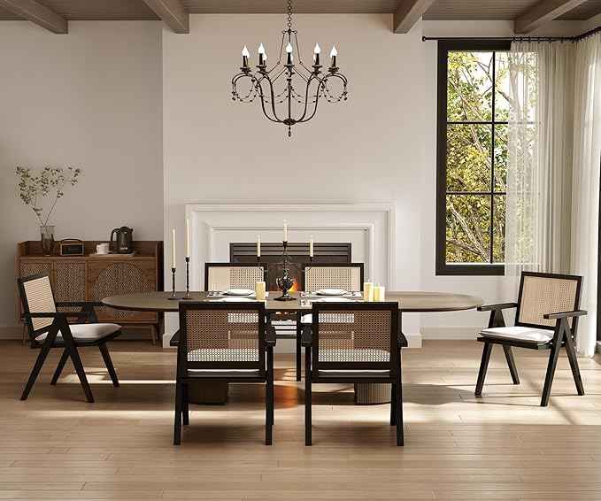Rattan Dining Chairs Set of 6, Farmhouse Wicker Dining Chairs with Removable Linen Cushion Accent Cane Armchair for Dining Room Kitchen Restaurant, Black