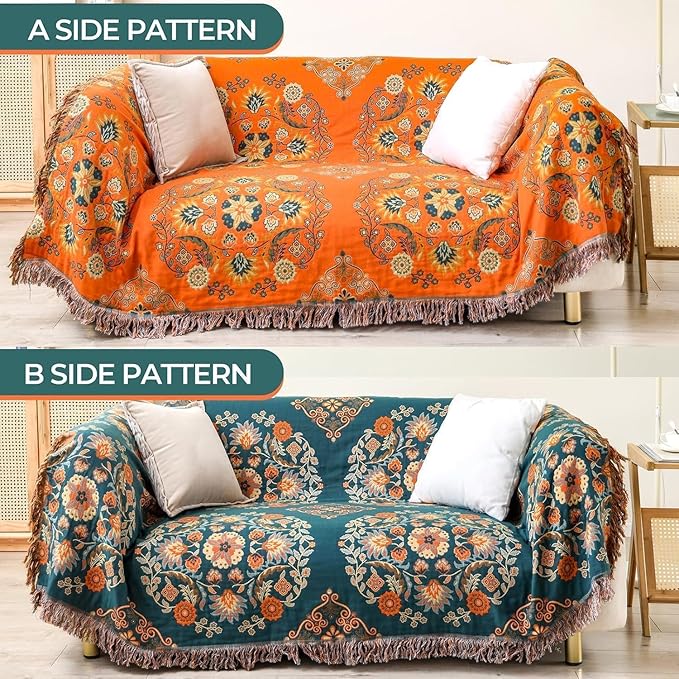 Throw Blanket for Couch Bed Chair,100% Cotton Soft Lightweight Blanket Rustic Quilt -Orange Floral Printed Farmhouse Decor Bed All Season Blankets,80