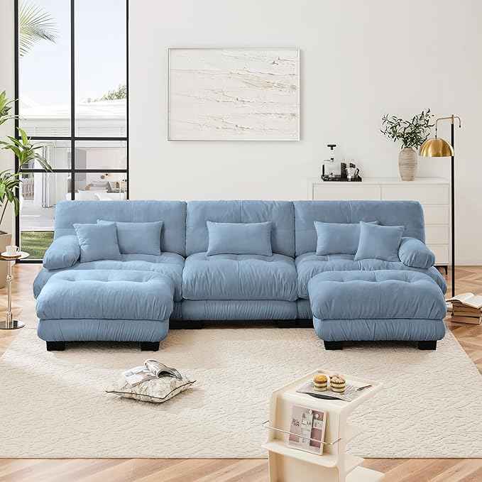 Modular Sectional Sofa, Comfy Cloud Couch 3 Seater Couch with Ottoman, Sectional Couches for Living Room, Modern Chenille U Shaped Couches, Sleeper Deep Seat Sofa with Throw Pillows, Blue