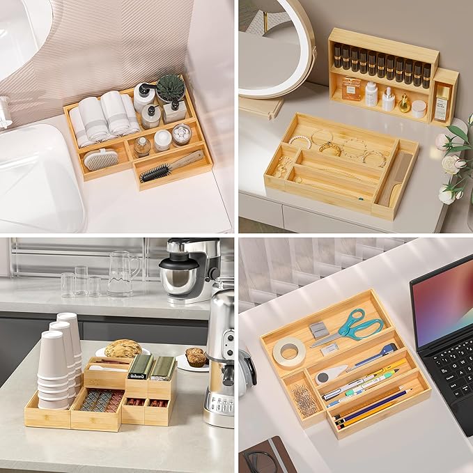 Kitchen Drawer Organizer Bins, Stackable Bamboo Deep Drawer Organizer for Silverware, Utensils, Cutlery, Flatware, Junk Drawer, Dresser, Bathroom, 15