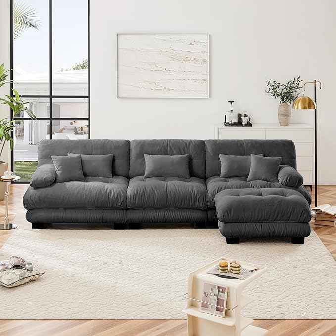 L Shaped Couch Sectional Couch, 3-Seater Cloud Couch Sectional Oversized Couch, Sofa Bed Couch with Round Bolster Armrests 5 Pillows, Modular Couch Home Sofa Living Room Couch(Gray)