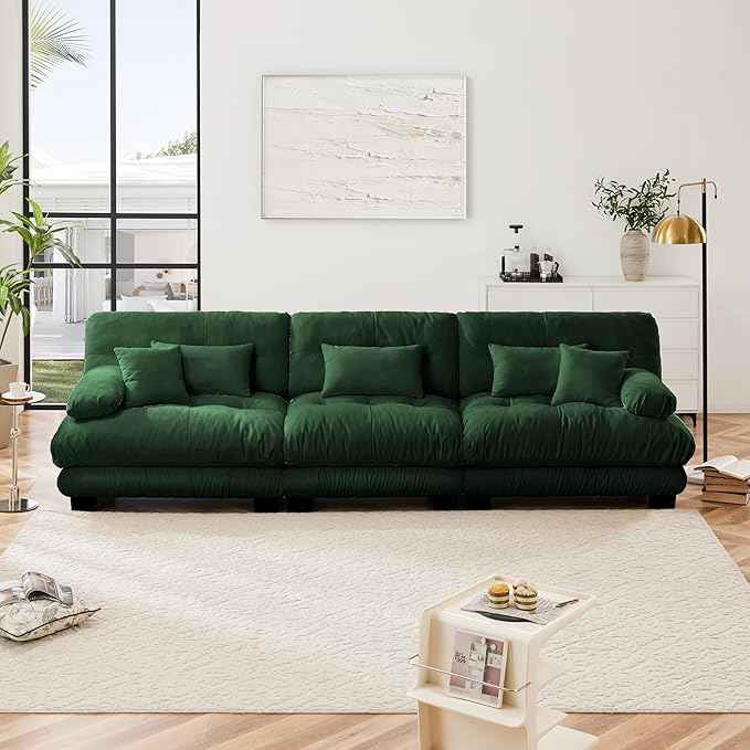 Modular Sectional Sofa, Comfy Cloud Couch 3 Seater Couch, Sectional Couches for Living Room, Modern Chenille Oversized Couches for Bedroom, Sleeper Deep Seat Sofa with Throw Pillows, Green