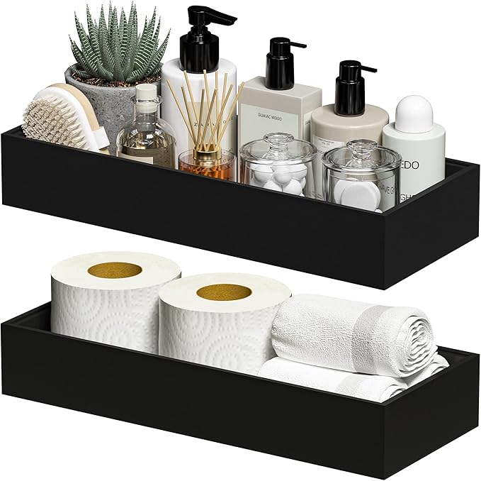 Kitchen Drawer Organizer Bins, Stackable Bamboo Drawer Organizer for Silverware, 2 Pcs Toilet Paper Basket Holder, Wood Bathroom Tray Countertop, Toilet Tank Tray Black 15