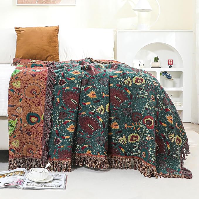 Boho Fall Throw Blanket for Bed，100% Ultra Cotton Soft Breathable Bed Throw Floral Printed Farmhouse Decor Rustic Bed Throws for Couch Sofa Quilt 80