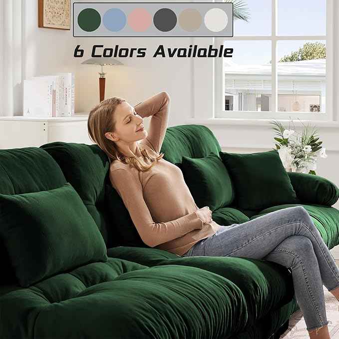 Modular Sectional Sofa, Comfy Cloud Couch 3 Seater Couch, Sectional Couches for Living Room, Modern Chenille Oversized Couches for Bedroom, Sleeper Deep Seat Sofa with Throw Pillows, Green