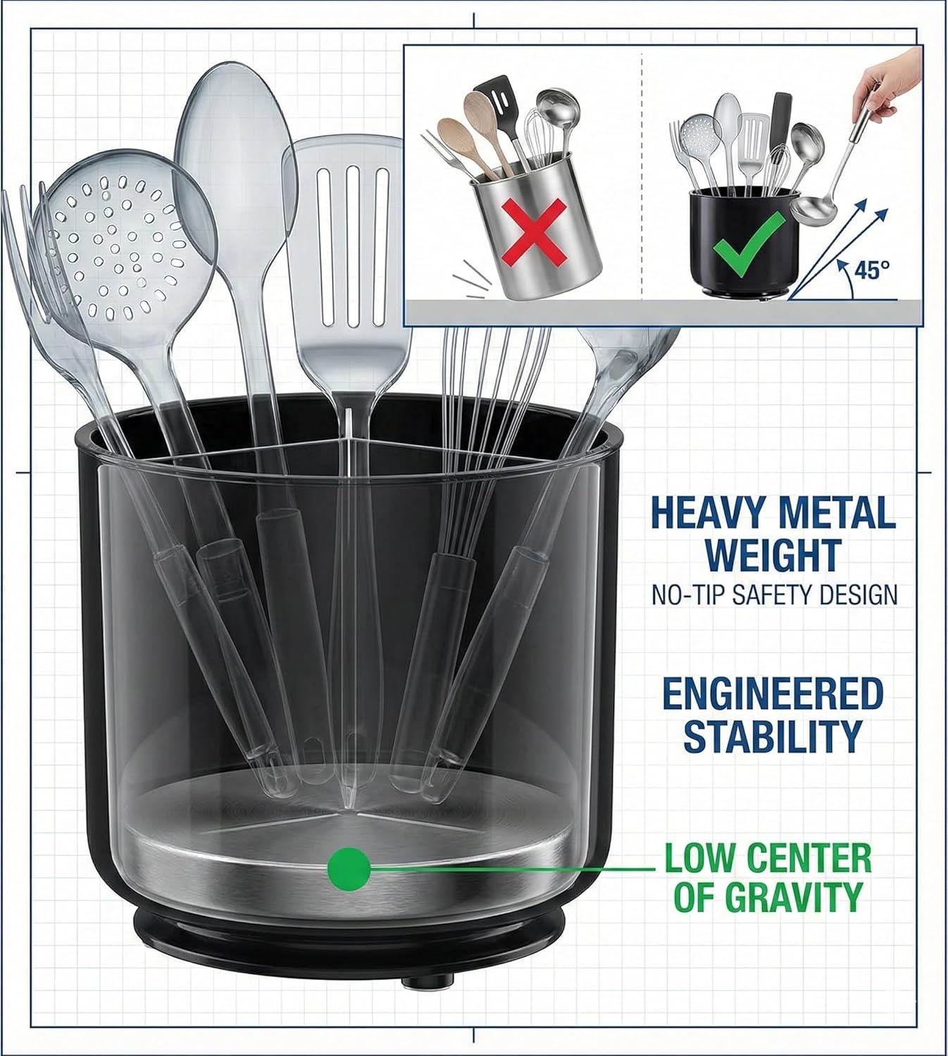 Cooler Kitchen Extra Large and Sturdy Rotating Utensil Holder Caddy with No-Tip Weighted Base, Removable Divider, and Gripped Insert | Rust Proof and Dishwasher Safe