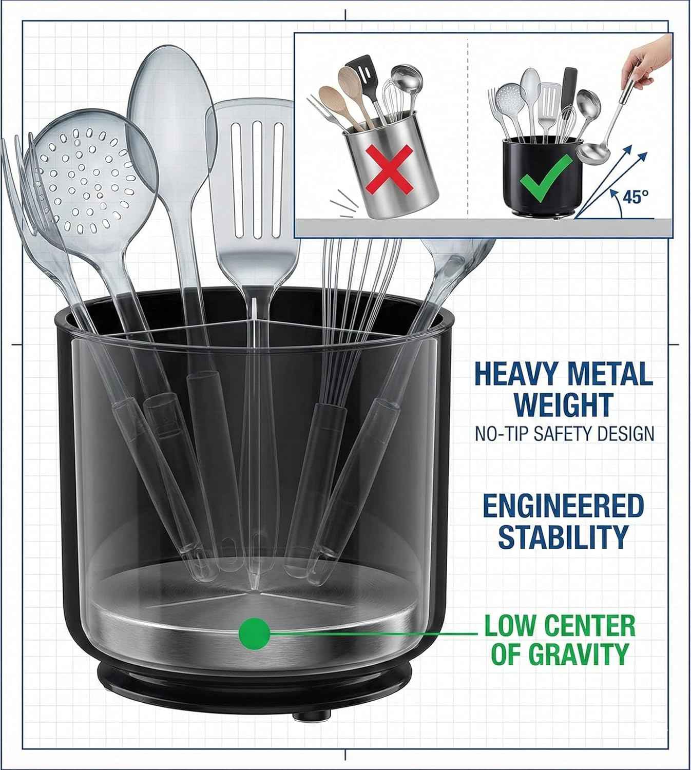 Cooler Kitchen Extra Large and Sturdy Rotating Utensil Holder Caddy with No-Tip Weighted Base, Removable Divider, and Gripped Insert | Rust Proof and Dishwasher Safe