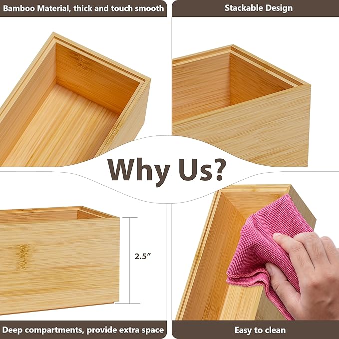 Kitchen Drawer Organizer Bins, Stackable Bamboo Deep Drawer Organizer for Silverware, Utensils, Cutlery, Flatware, Junk Drawer, Dresser, Bathroom, 6