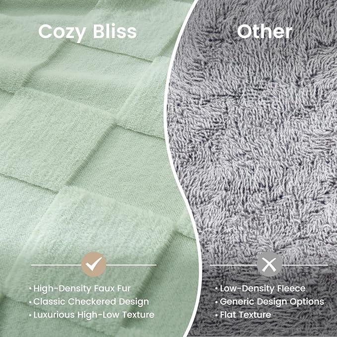Cozy Bliss Checkered White Faux Rabbit Fur Throw Blanket, Soft Fuzzy Fluffy Minky Cream Furry Blankets for Couch, Bed (Sage Green, King(108