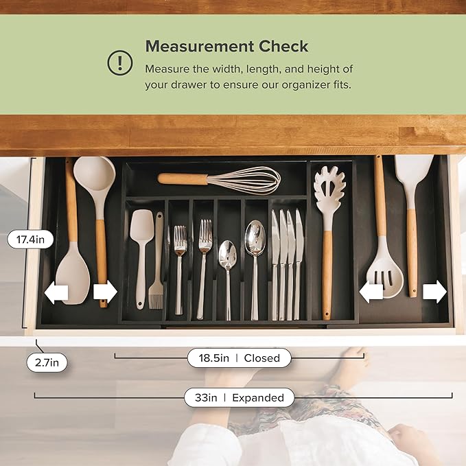 Premium Silverware, Flatware and Utensil Organizer for Kitchen Drawers, Food-Safe Contract Grade, Expandable from 18 to 33 In, Black Bamboo