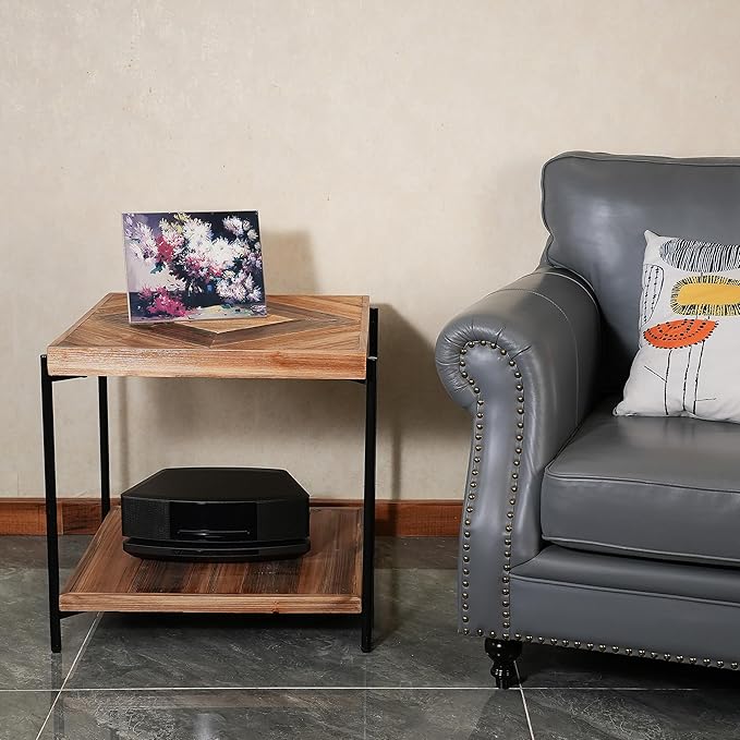 CONSDAN StoneCreek Solid Fir Wood Side Table - Metal Frame, 2-Tier End Table for Living Room/Bedroom/Office, 23