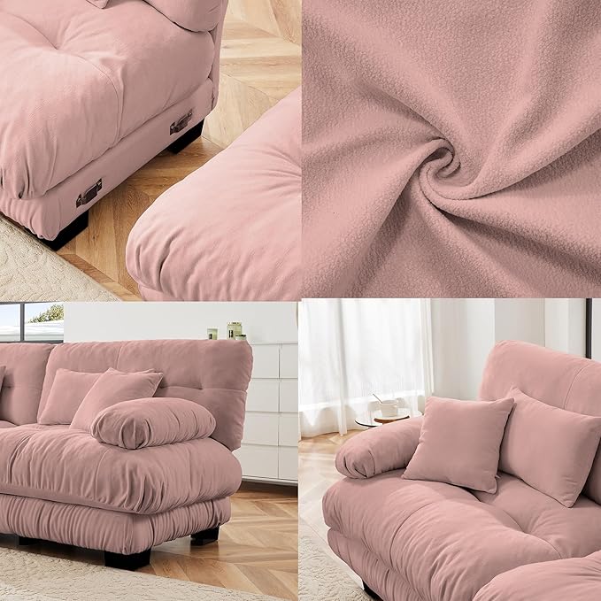 U Shaped Couch Sectional Couch, 4-Seater Cloud Couch Sectional Oversized Couch, Sofa Bed Couch with Round Bolster Armrests 6 Pillows, Modular Couch Home Sofa Living Room Couch(Pink)