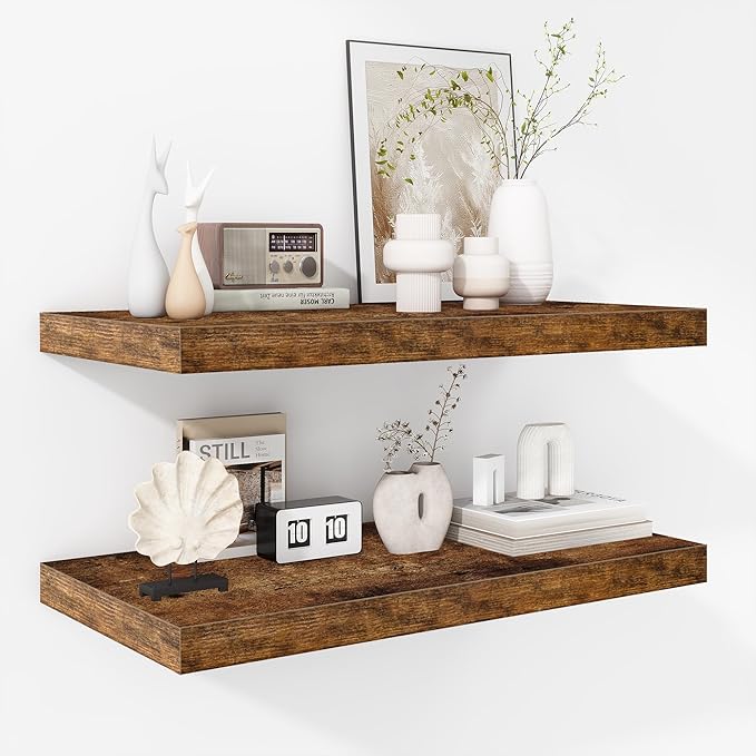 Fun Memories Floating Shelves - 2 Pack 12 Inch Deep Rustic Wooden Wall Shelves - Extra Deeper & Thicker Wall Mounted Storage Shelf for Living Room, Kitchen, Farmhouse - 24