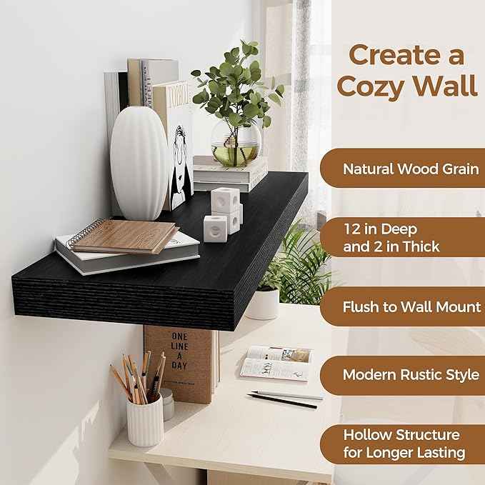 Black Floating Shelves 36 Inch Long, 12 Inch Deep Floating Shelves for Wall, 36 x 12 Shelves for Wall Storage & Display, 2