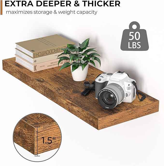 Floating Shelves - 2 Pack 9 Inch Rustic Wooden Wall Shelves - Extra Deeper & Thicker Wall Mounted Storage Shelf for Living Room, Kitchen, Farmhouse - 24