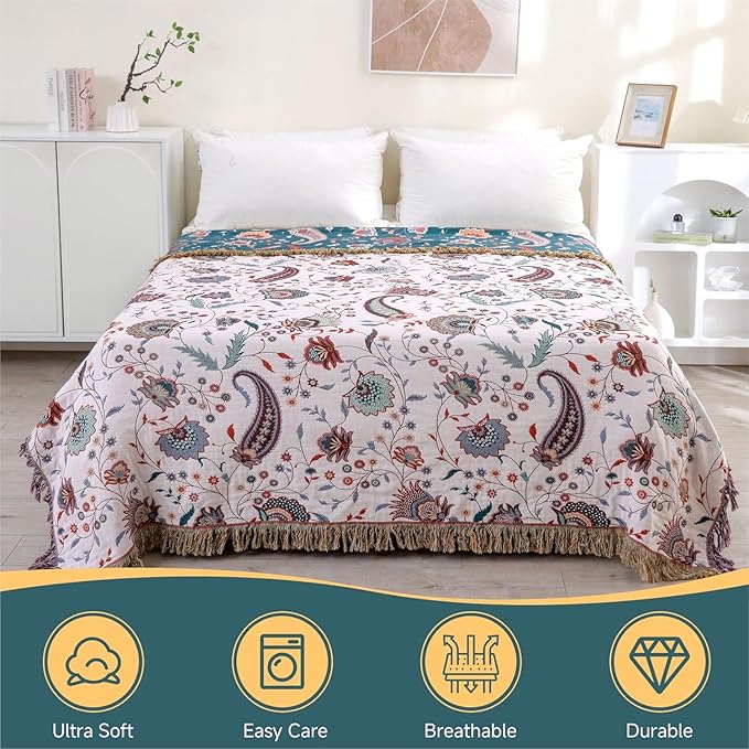 Boho Throw Blanket for Bed,100% Ultra Cotton Soft Breathable Bed Throw Floral Printed Farmhouse Decor Rustic Bed Throws for Couch Sofa Quilt White Flowers 60