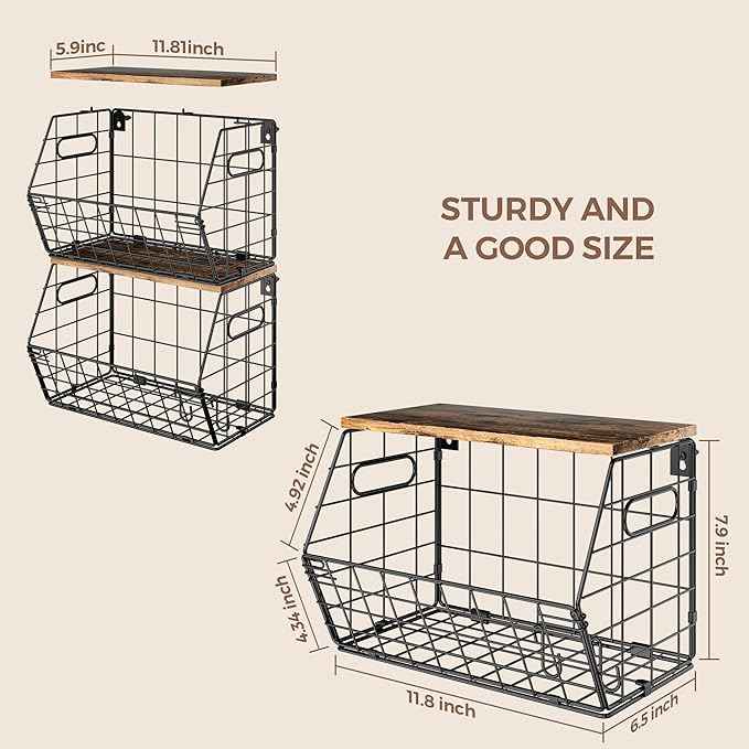 Delamu 2-Pack Stackable Metal Fruit Basket with Wood Lid-Wall Mounted & Countertop Organizer for Kitchen,Pantry- Ventilated Storage for Onions,Potatoes,Fruits,Spices (12