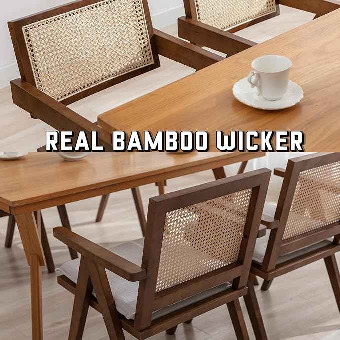 Rattan Dining Chairs Set of 4, Farmhouse Wicker Dining Chairs with Removable Linen Cushion Accent Cane Armchair for Dining Room Kitchen Restaurant, Walnut