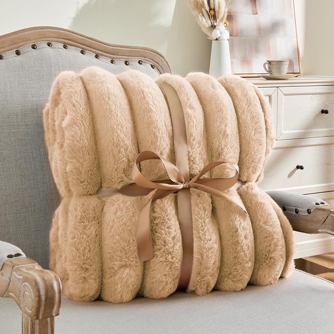 BEDELITE Faux Fur Throw Blanket for Couch, Soft and Cozy Luxurious 3D Striped Fluffy Blanket, 770GSM Thick Warm Plush Fuzzy Faux Rabbit Fur Blanket for Women Gift (Brown, 60