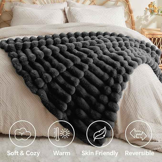BEDELITE Faux Fur Throw Blanket for Couch, Soft and Cozy Luxurious 3D Striped Fluffy Blanket, 770GSM Thick Warm Plush Fuzzy Faux Rabbit Fur Blanket for Women Gift (Black, 50
