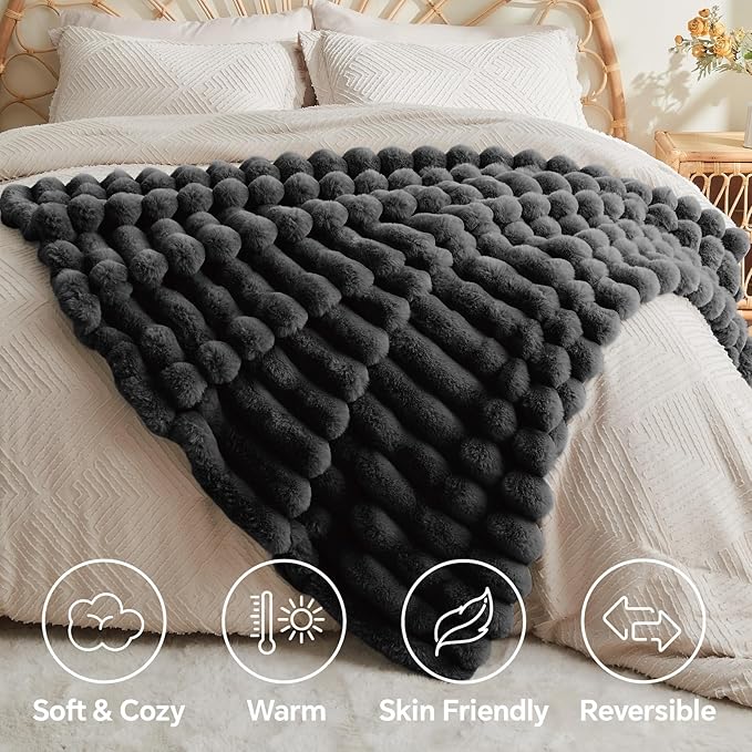 BEDELITE Faux Fur Throw Blanket for Couch, Soft and Cozy Luxurious 3D Striped Fluffy Blanket, 770GSM Thick Warm Plush Fuzzy Faux Rabbit Fur Blanket for Women Gift (Black, 60