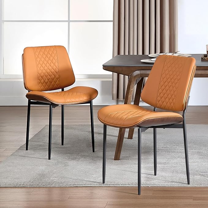 BV Dining Chairs Set of 2, PU Leather Armless Kitchen Chair in Modern Walnut Style, Mid Century Bentwood Side Chair with Metal Legs, Retro Accent Guest Chair for Kitchen Dining Room(Brown)