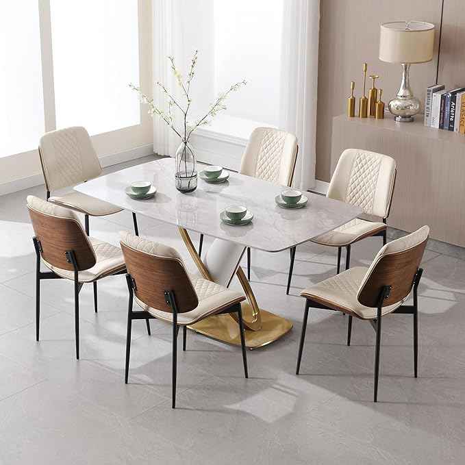 BV Dining Chairs Set of 6, PU Leather Armless Kitchen Chair in Modern Walnut Style, Mid Century Bentwood Side Chair with Metal Legs, Retro Accent Guest Chair for Kitchen Dining Room(Beige)