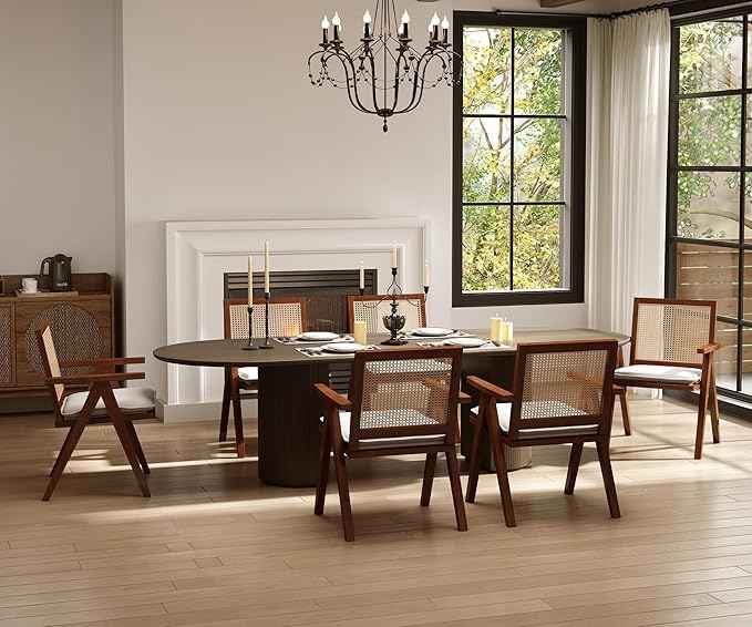 Rattan Dining Chairs Set of 4, Farmhouse Wicker Dining Chairs with Removable Linen Cushion Accent Cane Armchair for Dining Room Kitchen Restaurant, Walnut