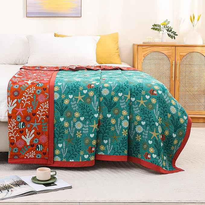Boho Throw Blanket, 100% Organic Cotton Skin-Friendly Breathable Ultra Soft Bed Quilt Throw - All Season Blue & Red FishFarmhouse Decor Blanket for Sofa Couch Chair and Gift. 60