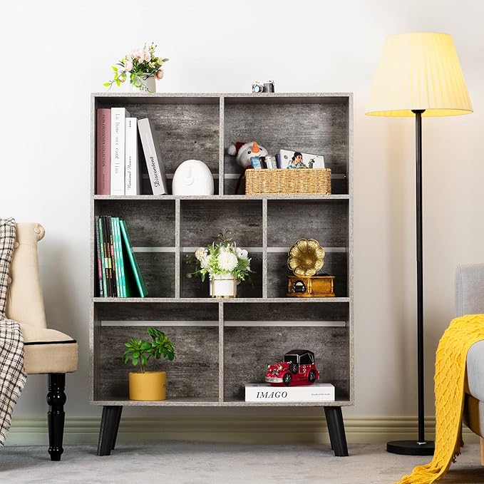 LEYAOYAO Bookshelf Cube Storage Organizer,3 Tier Bookcase with Legs,Modern Wood Open Shelf,Dirty Grey Bookshelves,Free Standing Display Short Book Shelves for Narrow Space,Bedroom,Living Room,Office