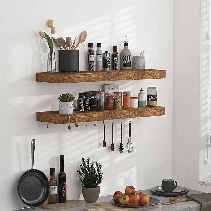 Floating Shelves - 2 Pack 9 Inch Rustic Wooden Wall Shelves - Extra Deeper & Thicker Wall Mounted Storage Shelf for Living Room, Kitchen, Farmhouse - 24" W x 9" D x 1.6" H - Rustic Brown