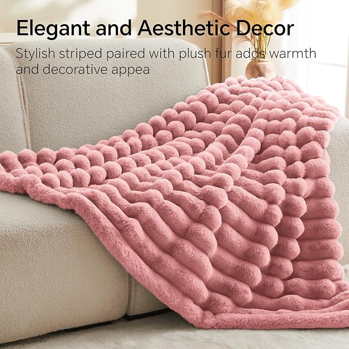 BEDELITE Faux Fur Throw Blanket for Couch, Soft and Cozy Luxurious 3D Striped Pink Fluffy Blanket, 770GSM Thick Warm Plush Fuzzy Faux Rabbit Fur Blanket for Women Gift, 50