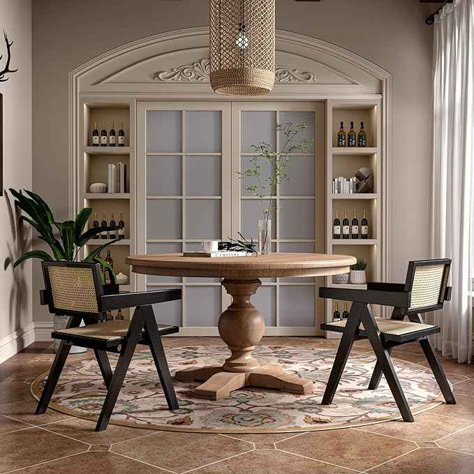 Rattan Dining Chairs Set of 2, Farmhouse Wicker Dining Chairs with Cane Seat Accent Armchair for Dining Room Kitchen Restaurant, Walnut