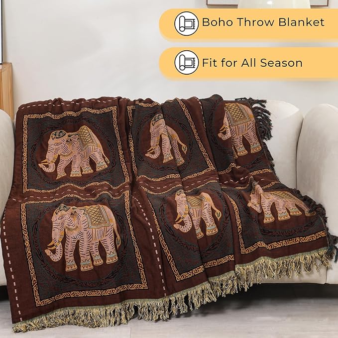 Boho Throw Blanket for Bed with Tassels,100% Cotton Ultra Soft and Cozy Large Blanket Elephant Printed Farmhouse Decor Bed Blankets,60