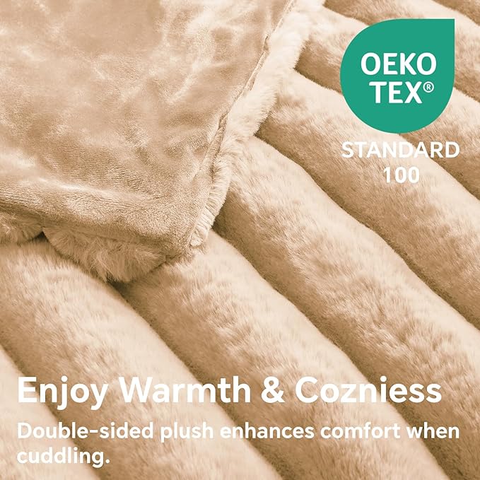 BEDELITE Faux Fur Throw Blanket for Couch, Soft and Cozy Luxurious 3D Striped Fluffy Blanket, 770GSM Thick Warm Plush Fuzzy Faux Rabbit Fur Blanket for Women Gift (Brown, 60