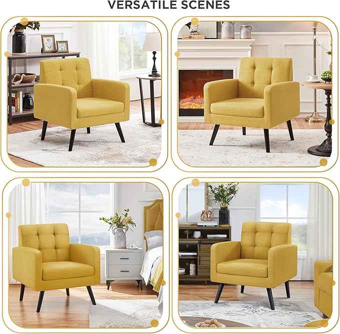 Yaheetech Mid-Century Accent Chairs, Modern Upholstered Living Room Chair, Cozy Armchair Button Tufted Back and Wood Legs for Bedroom/Office/Cafe, Yellow