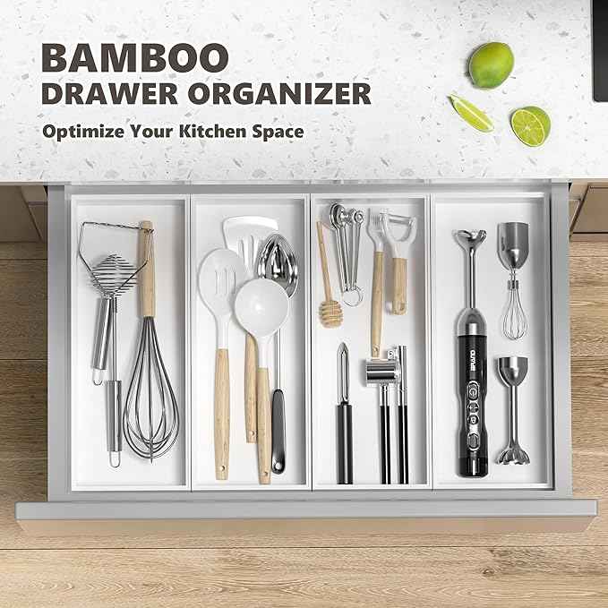 Kitchen Drawer Organizer Bins, Stackable Deep Bamboo Drawer Organizer for Silverware, Utensils, Cutlery, Flatware, Junk, Dresser, Bathroom, 15