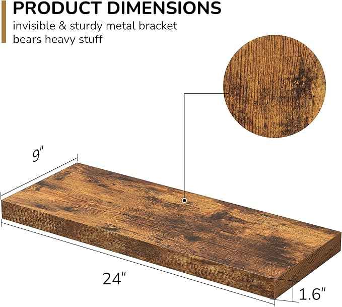 Floating Shelves - 2 Pack 9 Inch Rustic Wooden Wall Shelves - Extra Deeper & Thicker Wall Mounted Storage Shelf for Living Room, Kitchen, Farmhouse - 24