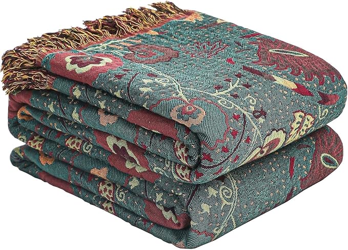 Boho Fall Throw Blanket for Bed，100% Ultra Cotton Soft Breathable Bed Throw Floral Printed Farmhouse Decor Rustic Bed Throws for Couch Sofa Quilt 80
