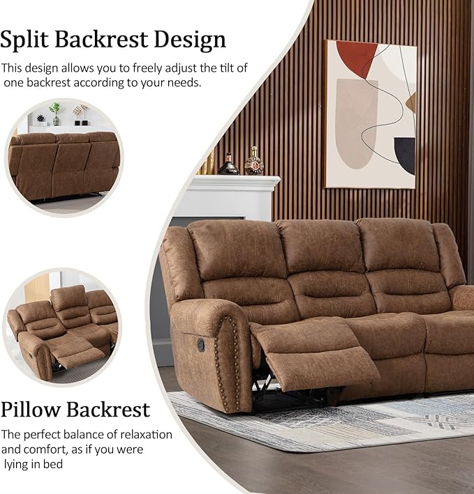 CANMOV Faux Leather Manual Reclining Sofa,3 Seat Recliner Couch Sofa with Overstuffed Comfortable Arms and Back for Living Room,Office,Nut Brown