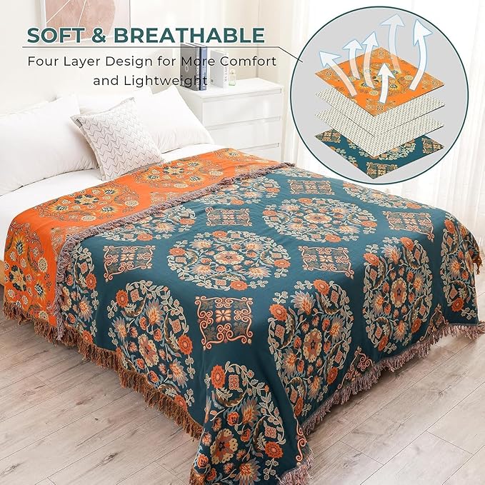 Throw Blanket for Couch Bed Chair,100% Cotton Soft Lightweight Blanket Rustic Quilt -Orange Floral Printed Farmhouse Decor Bed All Season Blankets,80