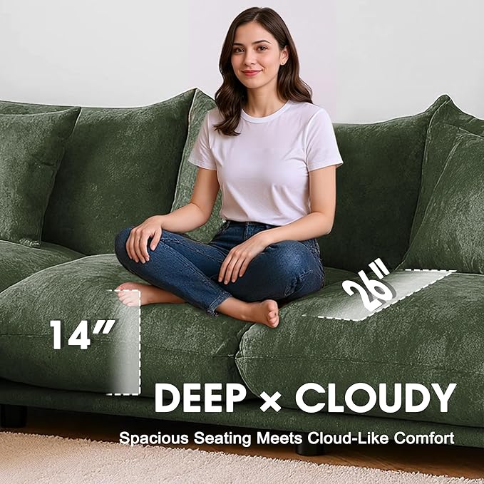 Modern Minimalist Chenille Modular Sectional Sofa, Oversized Deep-Seat U-Shaped Couch with Movable Ottoman, Thick Cushions, Upholstered Sofa for Living Room, Bedroom, Office, Apartment Green 2 Ottoman