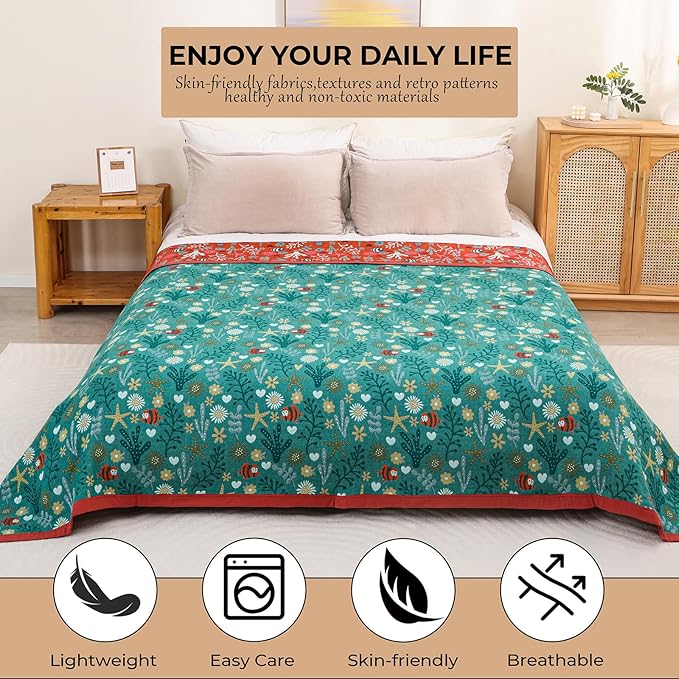 Boho Throw Blanket, 100% Organic Cotton Skin-Friendly Breathable Ultra Soft Bed Quilt Throw - All Season Blue & Red FishFarmhouse Decor Blanket for Sofa Couch Chair and Gift. 60